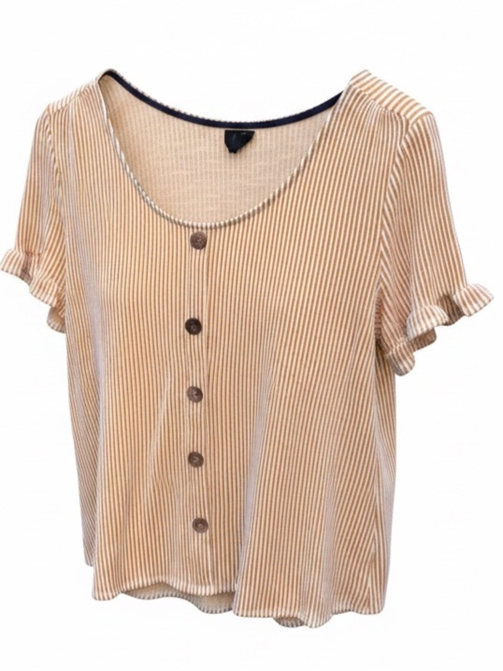 W5 Beige Striped Ruffle Sleeve Button-Front Top - Picture 2 of 5